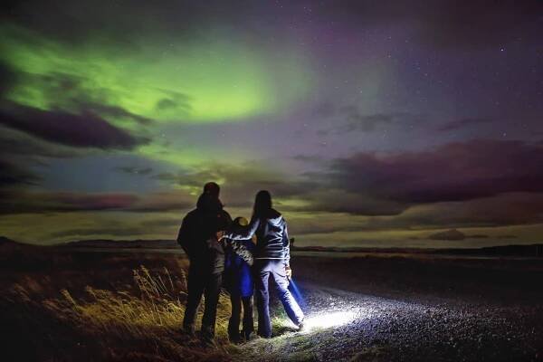 krásná rodina s dítětem, sledování oblohy s aurora borealis pořízené na islandu za jasné oblohy noc - boreal forest - stock snímky, obrázky a fotky