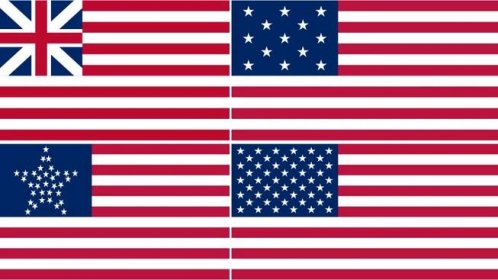 Zleva: První vlajka USA (používaná od 3. prosince 1775 do 14. června 1777), vlajka se 13 hvězdami (14.7.1777 až 1.5.1795), vlajka po rozšíření o dalších 5 států (4.7.1818 až 3.7.1819), současná vlajka USA platná od 4.7.1960.