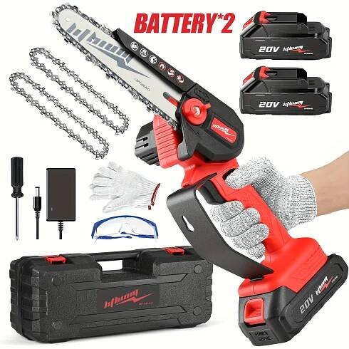 4/6 Inch Red Cordless Chainsaw, Convenient Mini High-quality Handheld Saw, High Hardness Adjustable Chain Detachable Battery Pack, Multifunctional Too