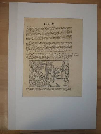 Václav Hájek z Libočan -Kronika česká, faksimile z r. 1819, list č. 412 [dřevořez, jeden list, stará grafika]