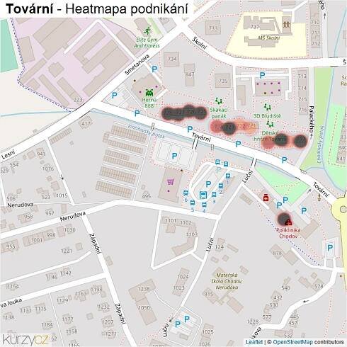 Mapa Tovární - Firmy v ulici.