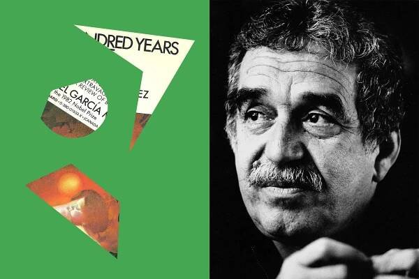On the left, a photo illustration shows three jagged pieces of the cover for “One Hundred Years of Solitude” against a green backdrop. On the right, a black and white close-up portrait of Gabriel García Márquez’s face.