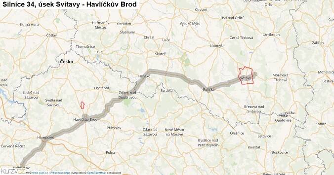 Úsek Svitavy - Havlíčkův Brod, Silnice 34 - Mapa
