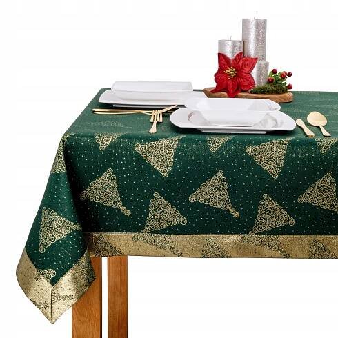 Elegantní zeleno-zlatý vánoční ubrus - Ornamentové vánoční stromky 100 x 200 cm