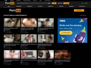 A pixelated screenshot of the PornHub homepage with an ad for HMA VPN clearly displayed on the left.