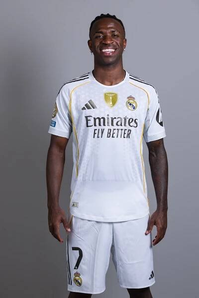 Vinicius Junior #7 of Real Madrid in team portrait.
