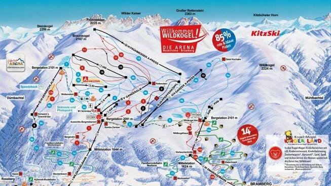 Panorama mapa s přehledem sjezdovek v oblasti Wildkogel-Arena Neukirchen & Bramberg