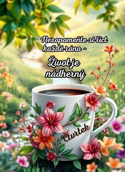 a cup of coffee sitting on top of a table next to flowers and trees in the background