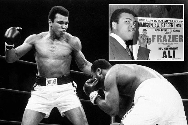 Muhammad Ali and Joe Frazier, both boxing legends, in the ring wearing gloves.