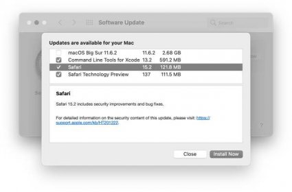 A sub-window floating over macOS’s Software Update preference pane. It shows options for updating macOS Big Sur to version 11.6.2, Command Line Tools for Xcode to version 13.2, Safari to version 15.2, and Safari Technology Preview to version 137, all of which are considered Evergreen software. Screenshot.