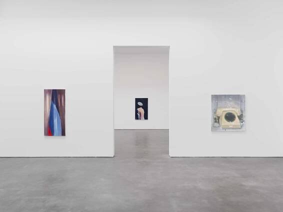 An installation view of the exhibition, Luc Tuymans: The Barn, at David Zwirner in New York, dated 2023.