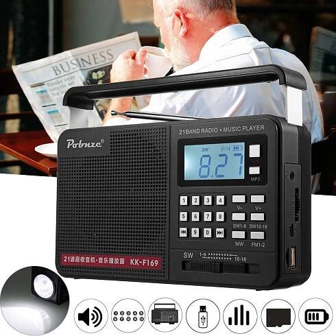 LCD rádio Ruční FM/MW/SW celopásmové mezinárodní přenosné s svítilnou MP3 přehrávač Micro TF USB