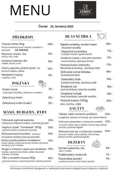 Jídelní lístek - Restaurant Zámek