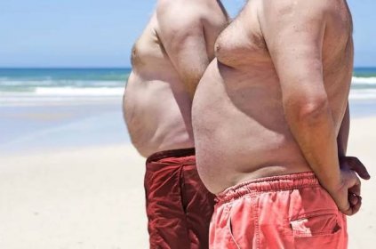 Zblízka ze dvou obézní tlustý muži Beach ��— Stock obrázek