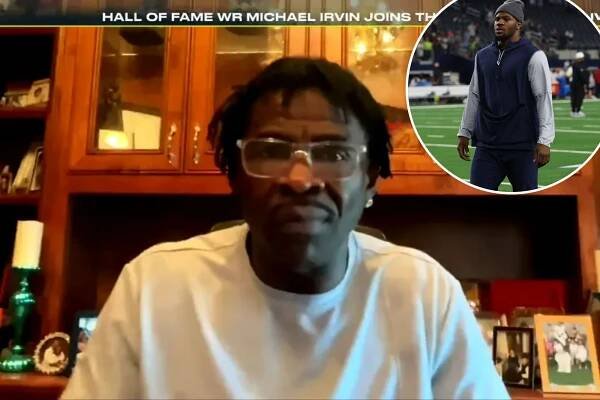 An image collage containing 2 images, Image 1 shows Michael Irvin is pictured during an "NFL Live" segment Aug. 28, Image 2 shows Micah Parsons of the Dallas Cowboys on the field