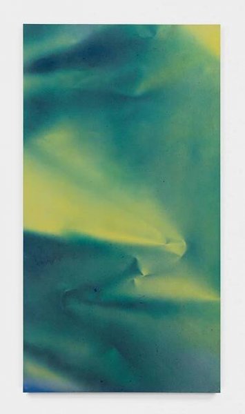 Aleksandar Duravcevic, The Fold (blue and yellow), 2024. Pigments, acrylic on paper, 48 × 28 inches. Courtesy the Artist and TOTAH.