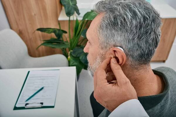 audiolog nasadí sluchadlo na hluchotu zralého mužského ucha při návštěvě sluchové kliniky. řešení pro nedoslýchavé pro starší osoby - naslouchadlo - stock snímky, obrázky a fotky