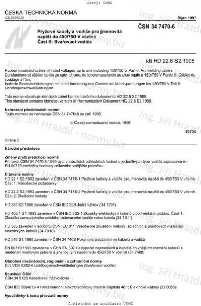 ČSN 34 7470-6 (347470) - Pryžové kabely a vodiče pro jmenovitá napětí do 450/750 V včetně - Část 6: Svařovací vodiče - říjen
