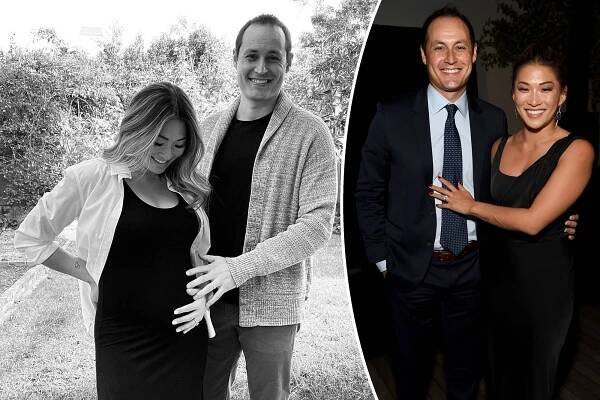 A split of Jenna Ushkowitz's husband, David Stanley, cradling her baby bump and the couple on a red carpet.