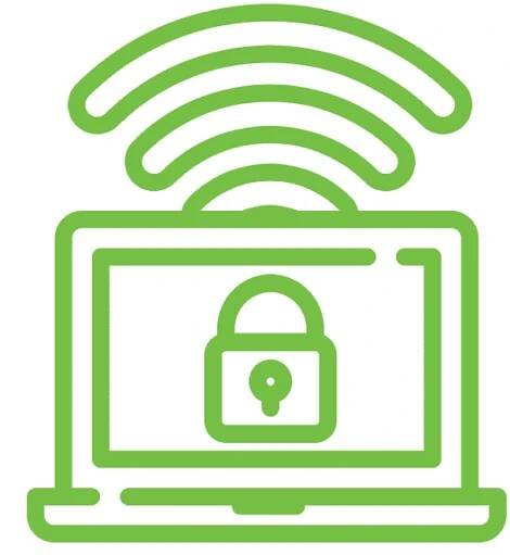 Cyber security: proper handling of mobile data storage devices.  A pictogram of notebook with internet connection.