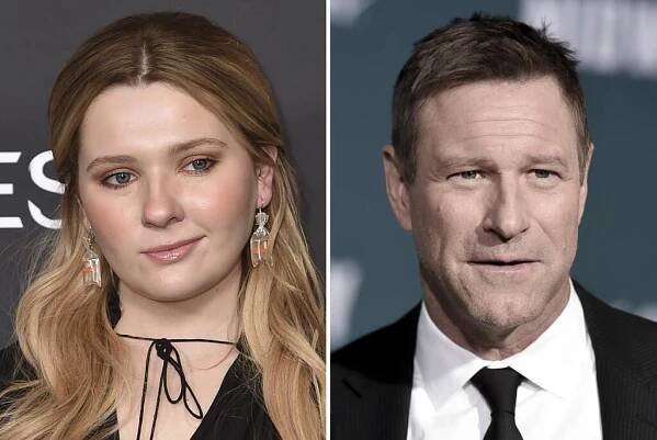 Left, Abigail Breslin at the TCL Chinese Theatre in Los Angeles on Oct. 14, 2022. Right, Aaron Eckhart at the Regency Village Theatre in Los Angeles on Nov. 5, 2019. (Photo by Richard Shotwell/Invision/AP)