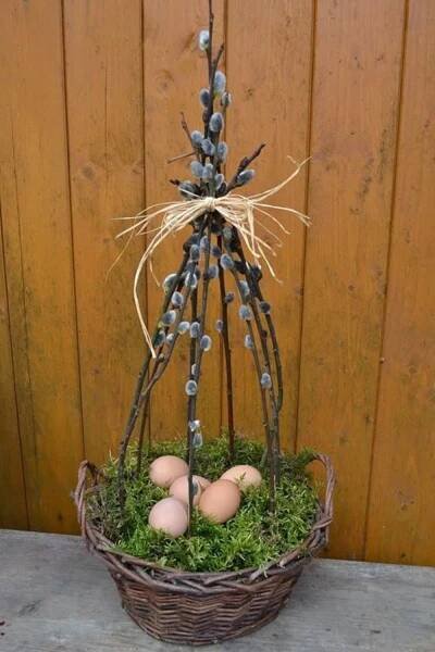 Rustic willow branch egg basket for a natural Easter look