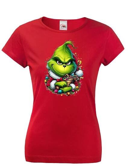 Dámské tričko Grinch s ozdobami - skvelé vianočné tričko