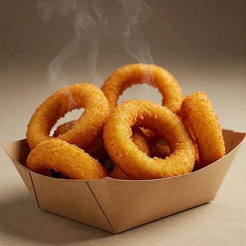 Crispy onion rings in a paper tray.