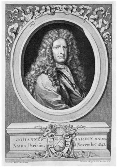 FIG. 5.1. Portrait of Jean Chardin (1643-1713) from the frontispiece of his Voyages.  which marginalized him in his native land), and his eagerness to learn about the Islamic faith.°? He made two voyages to Persia. The second, begun in 1671, took two years of dif- ficult journeying through Ottoman Turkey, the Crimea, and the Caucasus to reach Isfa- han, the capital of the Safavid kingdom. He spent four years there prior to returning to France in 1677. Following the persecution of Protestants in France, which was enforced by the Edict of Nantes, Chardin decided to go to England. He was then appointed Jeweller to the Crown, and was later knighted by Charles  II to become Sir John Chardin. He died in the  