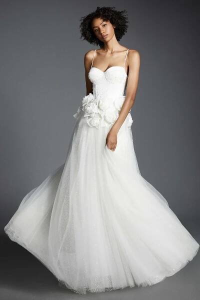 White Full Length Sleeveless Wedding Dress With Flowers