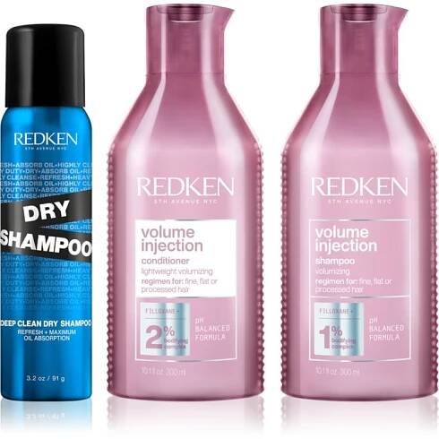 Šampon Redken Volume Injection objemový kondicionér pro jemné vlasy 300 ml + objemový šampon pro jemné vlasy 300 ml + suchý šampon pro mastné vlasy 91 g