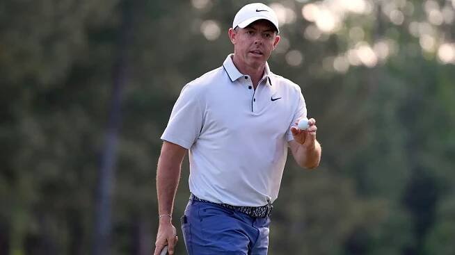 Rory McIlroy, of Northern Ireland, waves after making a putt on the 14th hole during the third round at the Masters golf tournament, Saturday, April 12, 2025, in Augusta, Ga. (AP Photo/Julia Demaree Nikhinson)