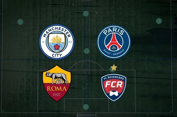 Manchester City, Paris Saint Germain, AS Roma and FC Rosengard logos with a soccer field backdrop. 