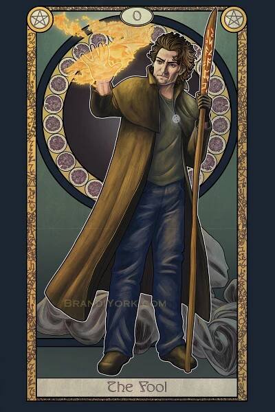 Harry Dresden stands with staff in one hand, conjuring flame with his other. Behind is his grey cloak on the floor, with a floral motif in the frame.