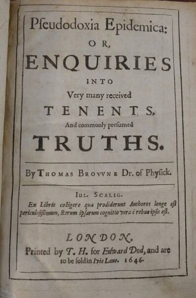 Image of the title page of a 1646 copy of Thomas Browne's 