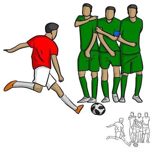 Mužské fotbalové hráče střílet míč na zdi vektorový obrázek skici doodle ručně kreslenou s černými linkami izolovaných na bílém pozadí — Ilustrace