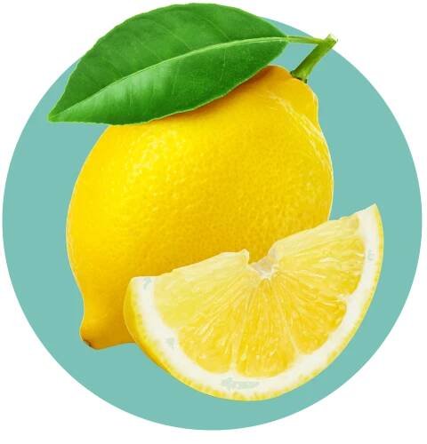 Lemon slice next to lemon with green leaf