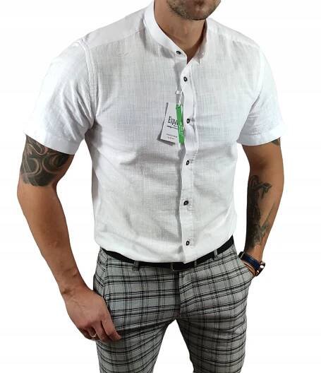 Košile slim fit, lněná tkanina, bílá, krátký rukáv ESP014 - L