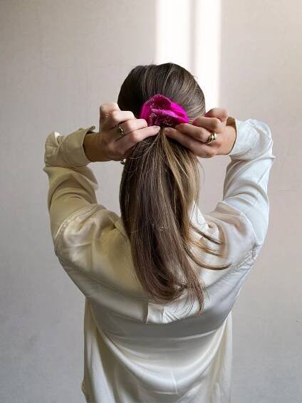 Silk Scrunchie Fuchsia & Silver