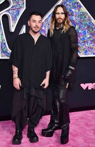 US actor Jared Leto (R) and US drummer Shannon Leto arrive for the MTV Video Music Awards at the Prudential Center in Newark, New Jersey, on September 12, 2023. 