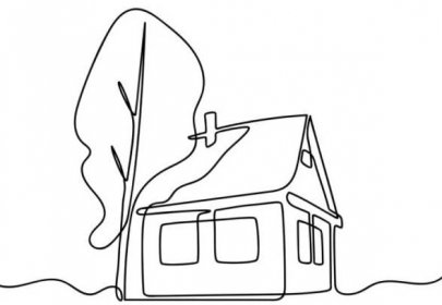 souvislý jednořádkový výkres domu se stromem. abstraktní malý venkovský dřevěný dům v minimalistickém stylu. souvislý ručně kreslený náčrt. vektor - kresba plnou čarou stock ilustrace