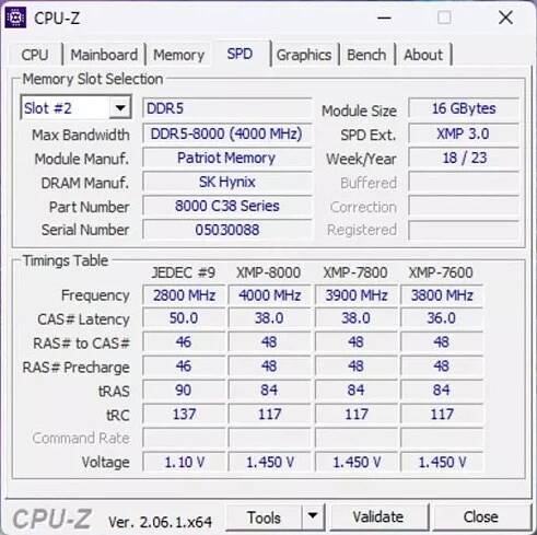 Screenshot von CPU-Z zeigt Patriot Viper Xtreme 5 DDR5-8000 RAM