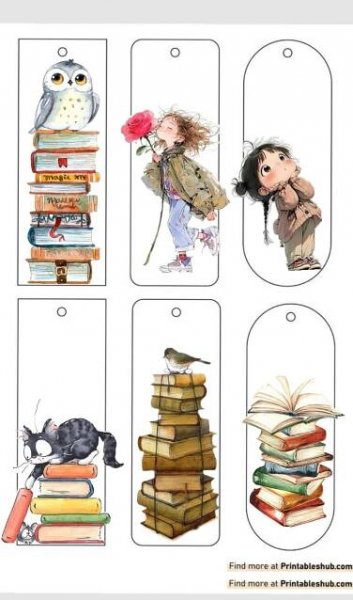 four tags with pictures of children and books