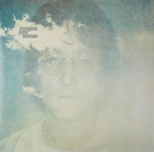 John Lennon with glasses on the cover of his album 'Imagine' with a cloud in the sky background