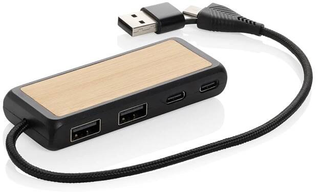 USB rozbočovač s duálním vstupem Link z RCS plastu a bambusu, černá