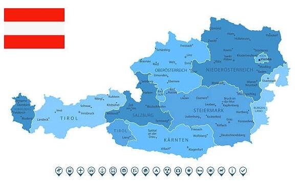 rakousko - podrobná mapa s regiony, městy, vlajkou země a infografickými ikonami. - wels stock ilustrace