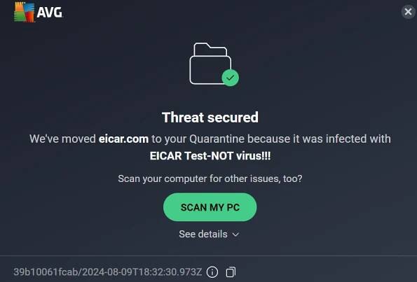 AVG EICAR malware test blocked