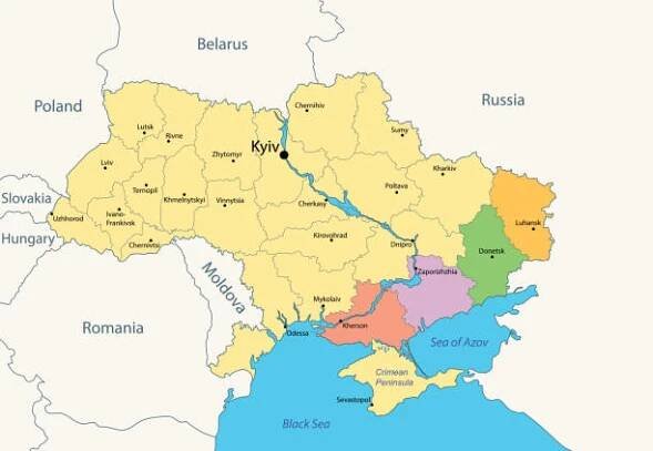 administrativní mapa ukrajiny s barevnými 4 ukrajinskými oblastmi - cherson, zaporizhzhia, doněck a luhansk regiony. vektorová ilustrace - luhansk stock ilustrace