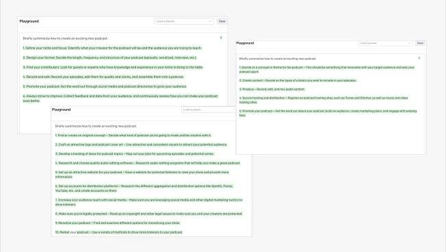 Three screenshots of GPT-3 generated text offering different answers for the same prompt.