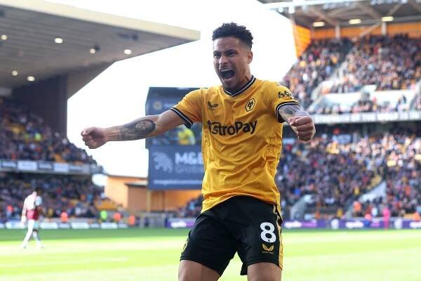 Joao Gomes of Wolverhampton Wanderers celebrates a goal.